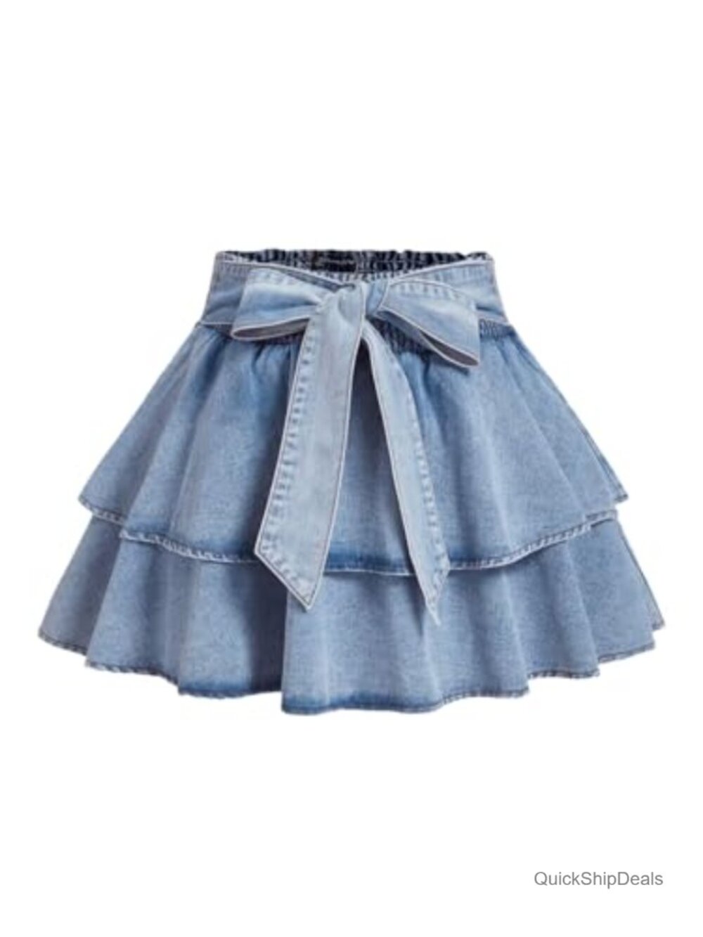 Plus Size Denim Mini Skirt Y2k Bow Tie Knot Ruffle Tiered